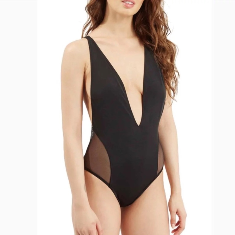 Black One Piece Deep Plunge Swimsuit